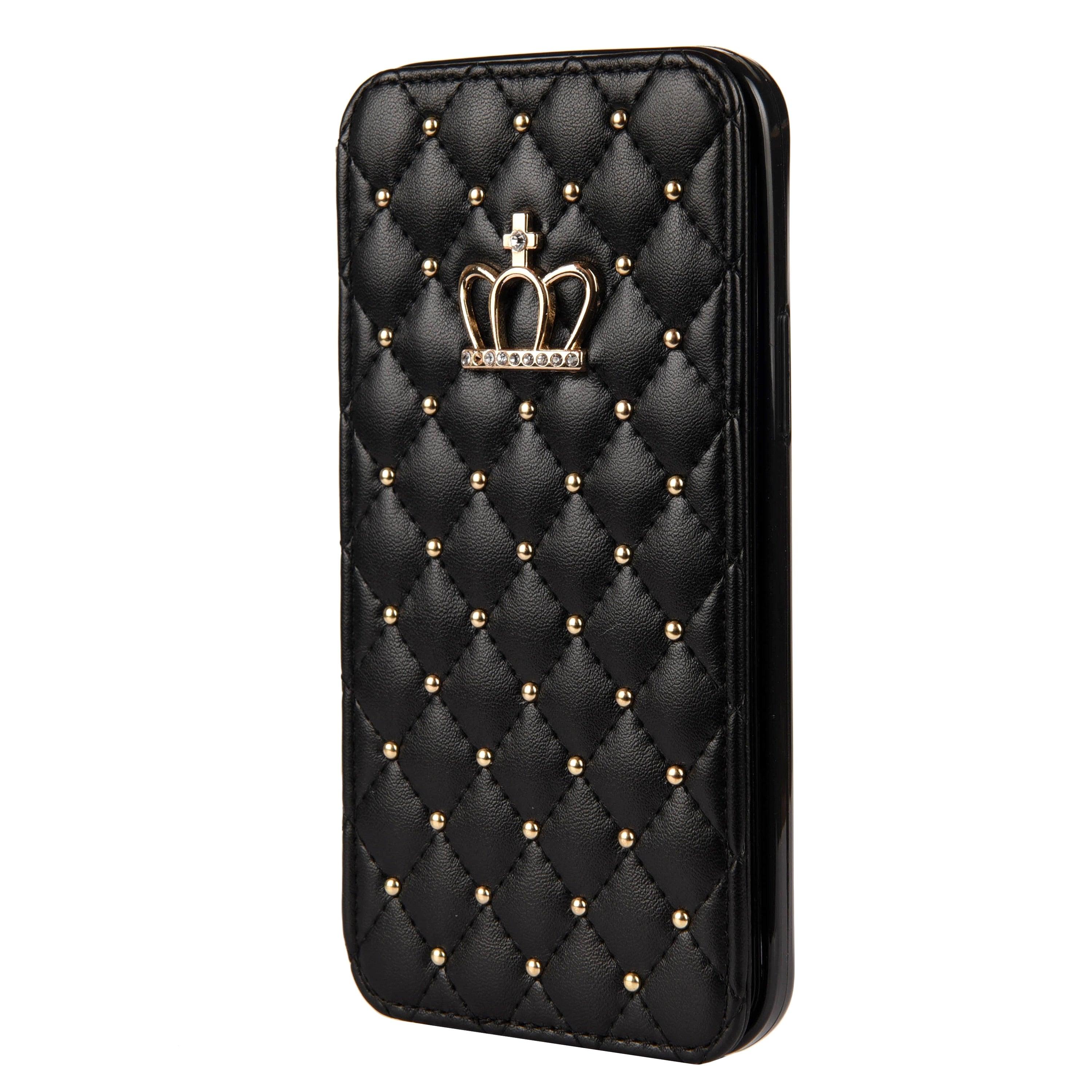Jolie coque de téléphone à rabat en cuir rose pour iPhone 14 13 12 Pro Max 11 Xr Xs X avec motif couronne pour 7 8 Plus, pochette pour cartes, absorption des chocs, protection complète, fonction de support horizontal, étui portefeuille en cuir.
