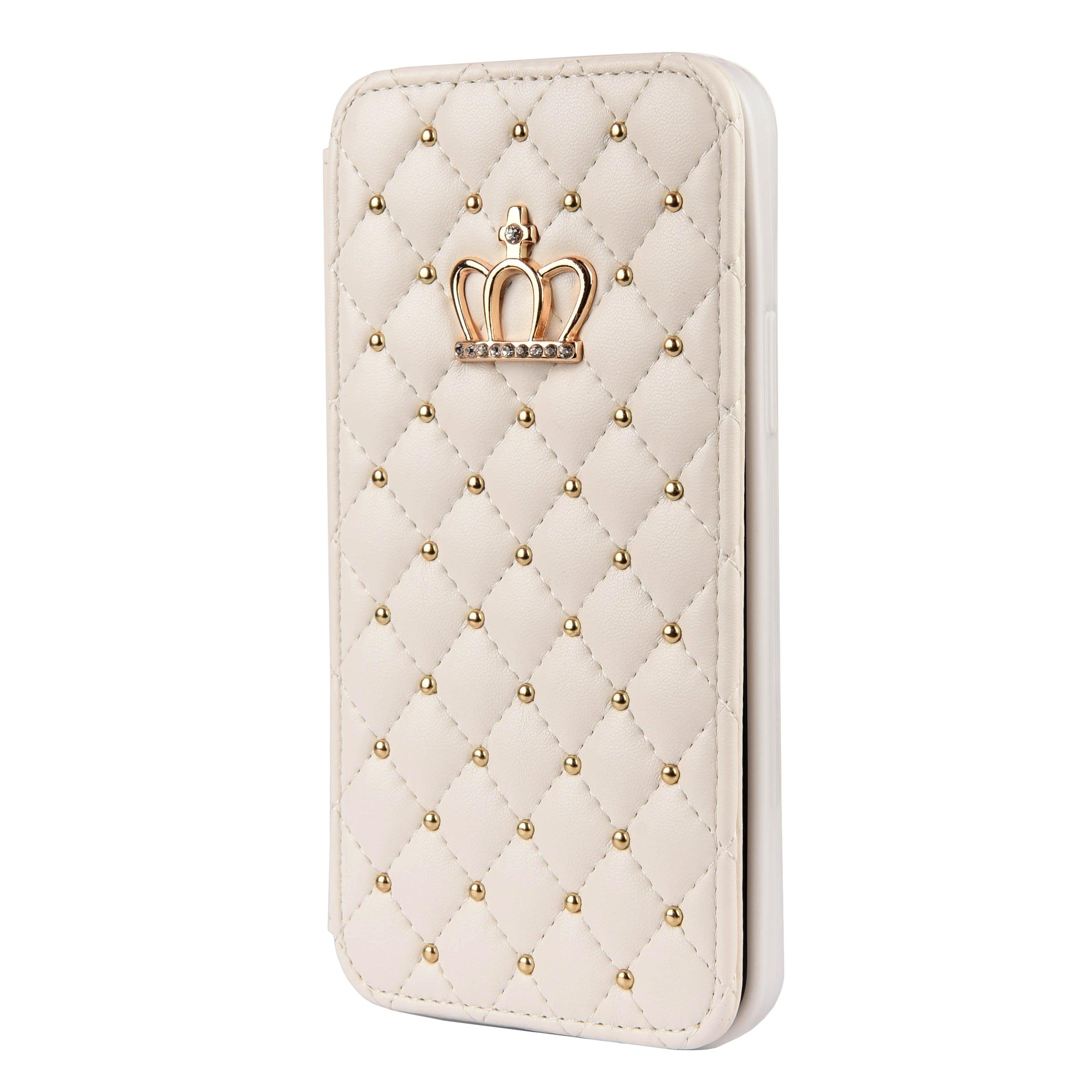 Jolie coque de téléphone à rabat en cuir rose pour iPhone 14 13 12 Pro Max 11 Xr Xs X avec motif couronne pour 7 8 Plus, pochette pour cartes, absorption des chocs, protection complète, fonction de support horizontal, étui portefeuille en cuir.