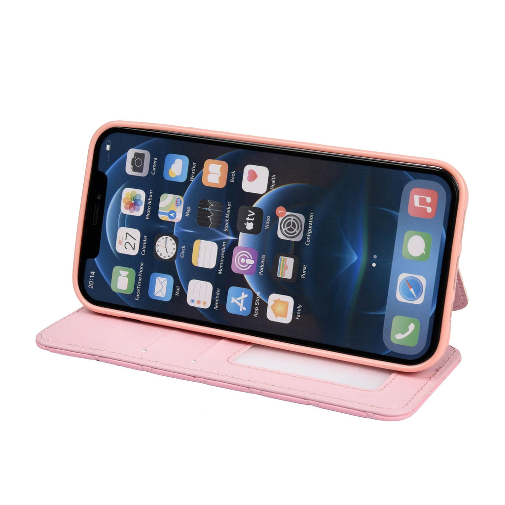 Jolie coque de téléphone à rabat en cuir rose pour iPhone 14 13 12 Pro Max 11 Xr Xs X avec motif couronne pour 7 8 Plus, pochette pour cartes, absorption des chocs, protection complète, fonction de support horizontal, étui portefeuille en cuir.