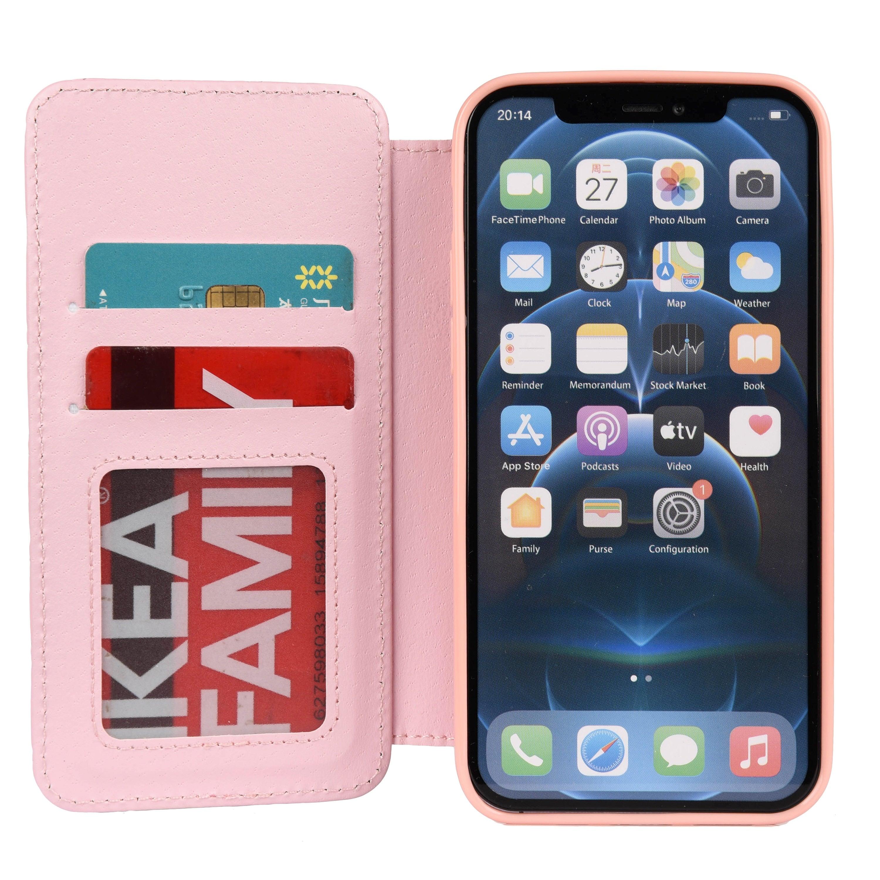 Jolie coque de téléphone à rabat en cuir rose pour iPhone 14 13 12 Pro Max 11 Xr Xs X avec motif couronne pour 7 8 Plus, pochette pour cartes, absorption des chocs, protection complète, fonction de support horizontal, étui portefeuille en cuir.