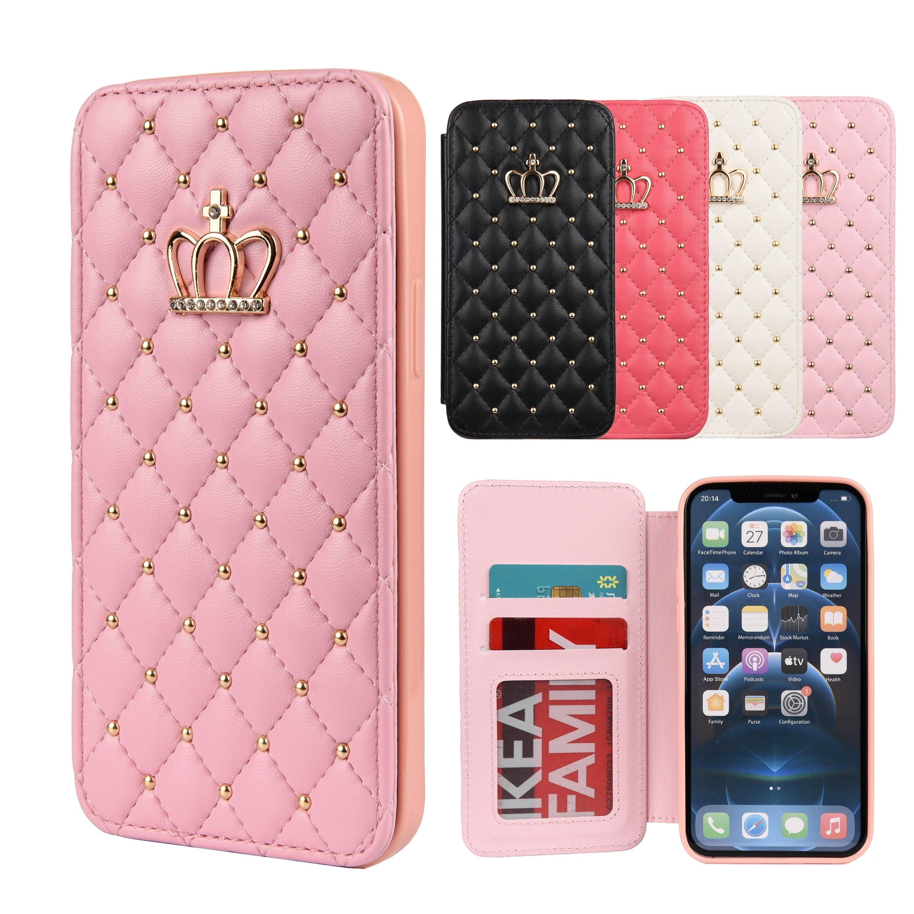Jolie coque de téléphone à rabat en cuir rose pour iPhone 14 13 12 Pro Max 11 Xr Xs X avec motif couronne pour 7 8 Plus, pochette pour cartes, absorption des chocs, protection complète, fonction de support horizontal, étui portefeuille en cuir.
