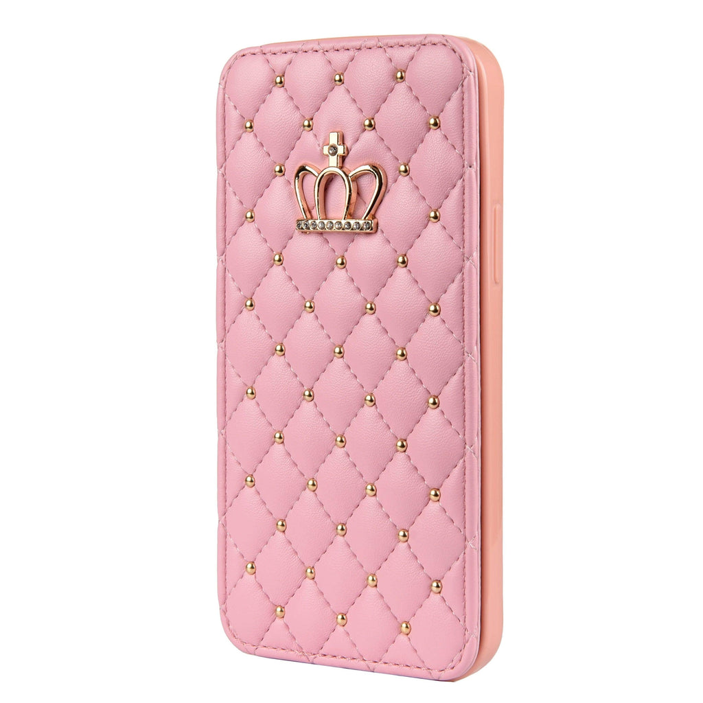 Jolie coque de téléphone à rabat en cuir rose pour iPhone 14 13 12 Pro Max 11 Xr Xs X avec motif couronne pour 7 8 Plus, pochette pour cartes, absorption des chocs, protection complète, fonction de support horizontal, étui portefeuille en cuir.