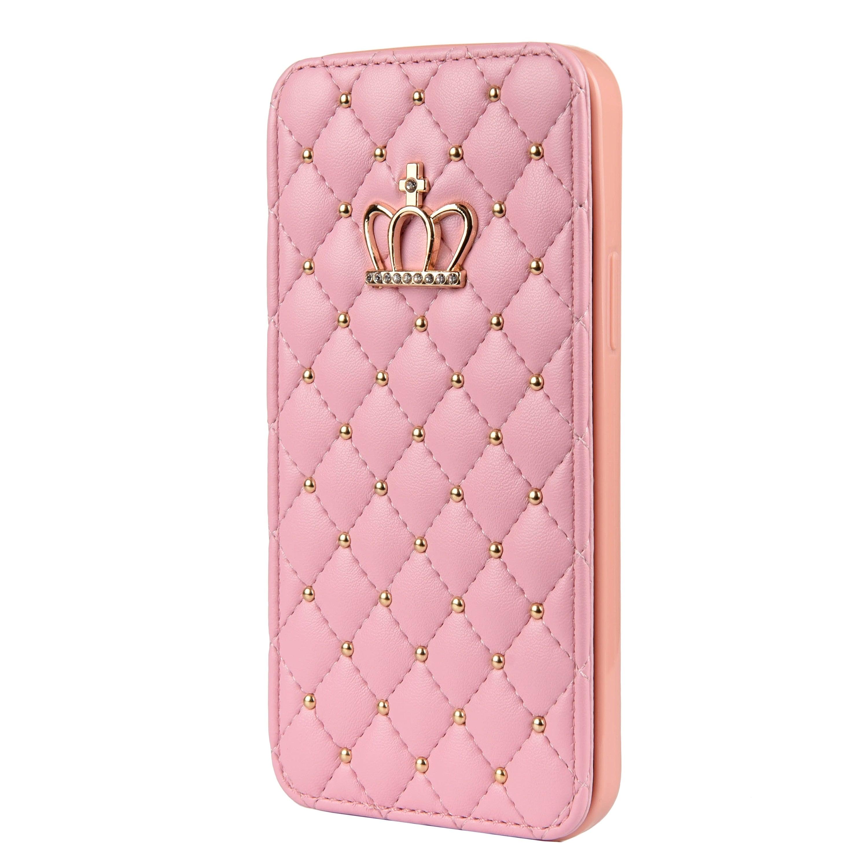 Jolie coque de téléphone à rabat en cuir rose pour iPhone 14 13 12 Pro Max 11 Xr Xs X avec motif couronne pour 7 8 Plus, pochette pour cartes, absorption des chocs, protection complète, fonction de support horizontal, étui portefeuille en cuir.