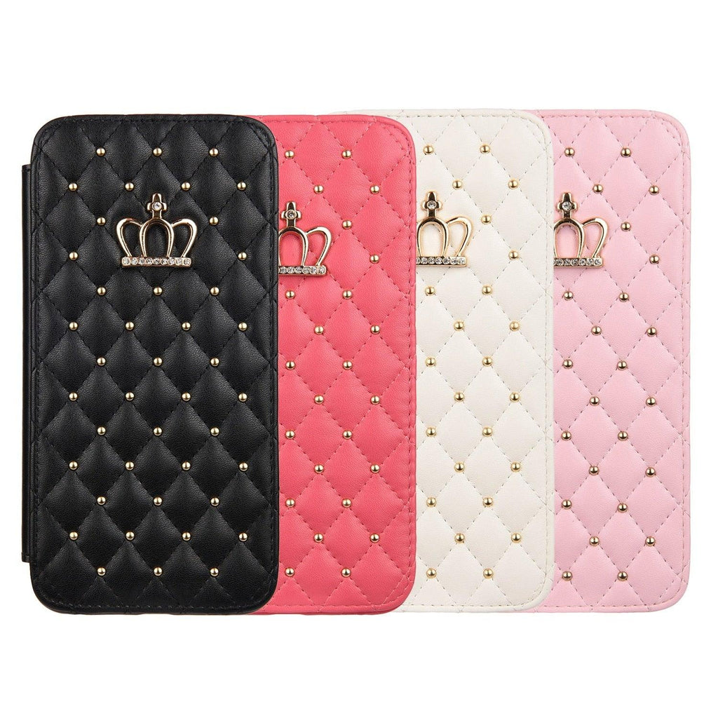 Jolie coque de téléphone à rabat en cuir rose pour iPhone 14 13 12 Pro Max 11 Xr Xs X avec motif couronne pour 7 8 Plus, pochette pour cartes, absorption des chocs, protection complète, fonction de support horizontal, étui portefeuille en cuir.