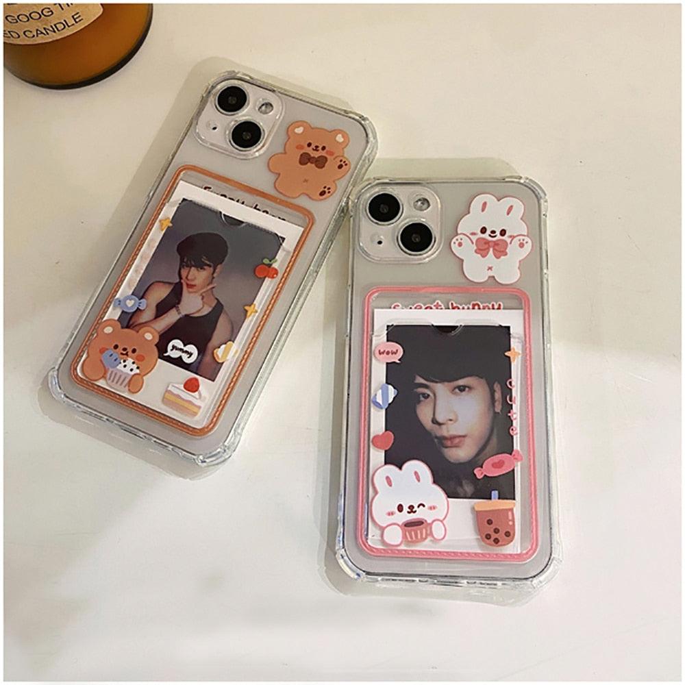 Étui de téléphone transparent en forme de lapin et d'ours de dessin animé mignon pour iPhone 13 Pro Max 12 11 XS XR 7 8 14 Plus, portefeuille porte-cartes, coque souple antichoc motif floral de dessin animé pour femmes