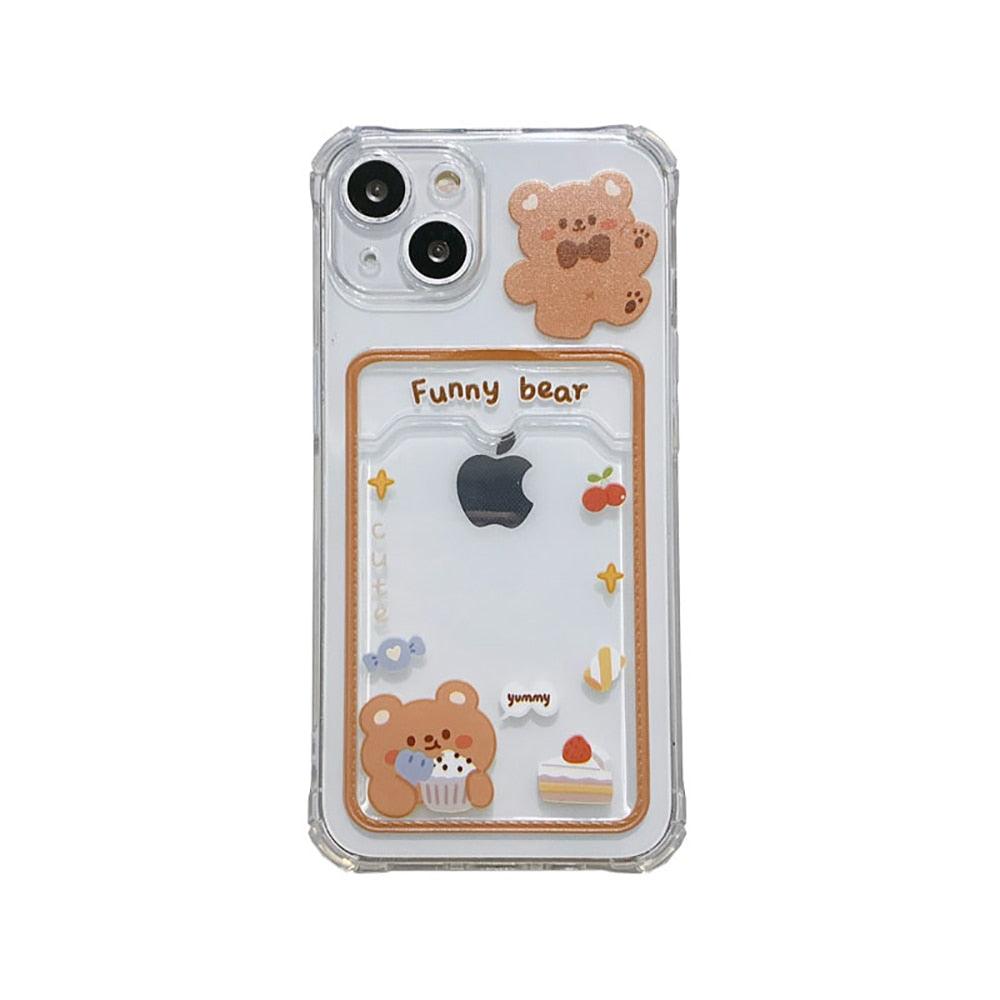 Étui de téléphone transparent en forme de lapin et d'ours de dessin animé mignon pour iPhone 13 Pro Max 12 11 XS XR 7 8 14 Plus, portefeuille porte-cartes, coque souple antichoc motif floral de dessin animé pour femmes