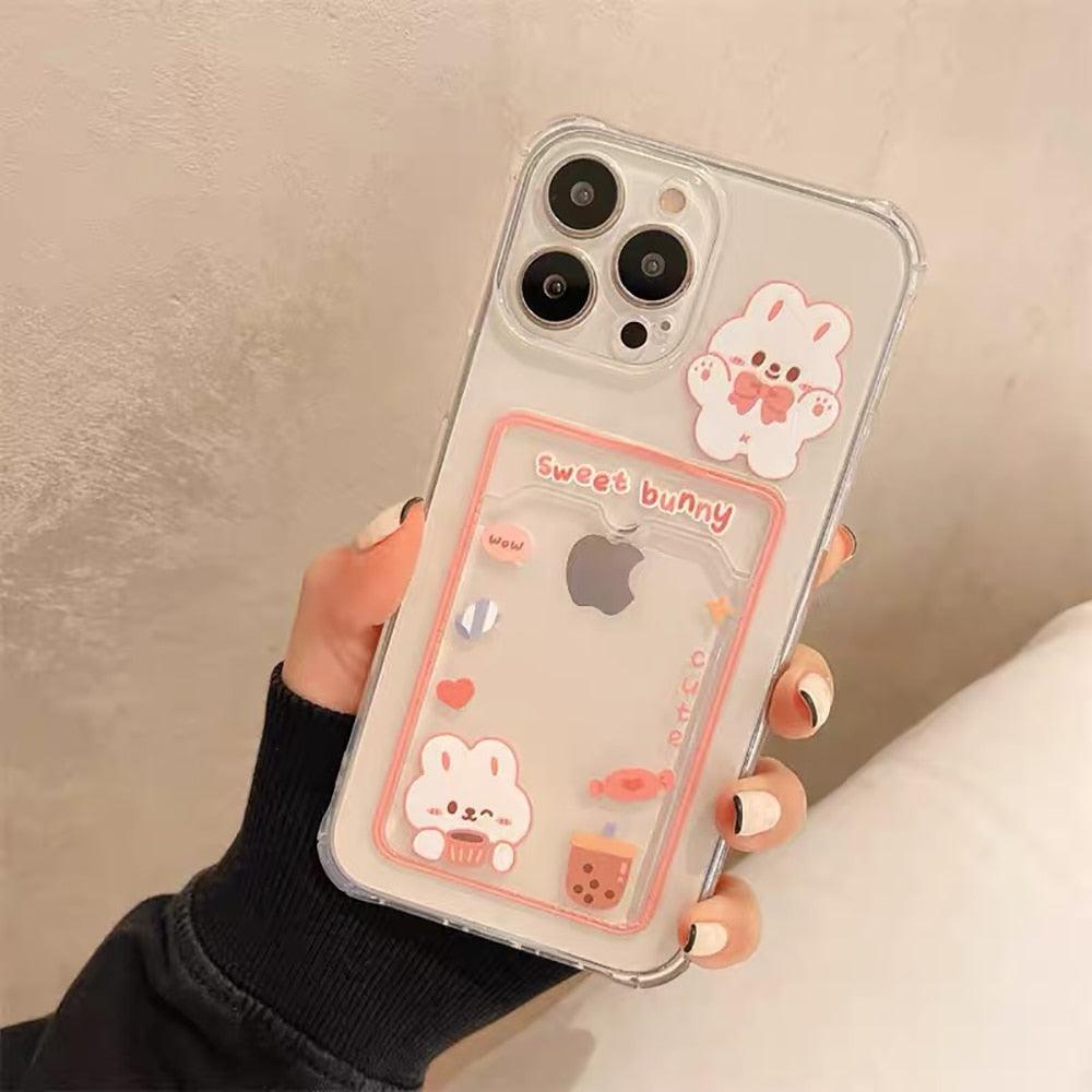 Étui de téléphone transparent en forme de lapin et d'ours de dessin animé mignon pour iPhone 13 Pro Max 12 11 XS XR 7 8 14 Plus, portefeuille porte-cartes, coque souple antichoc motif floral de dessin animé pour femmes