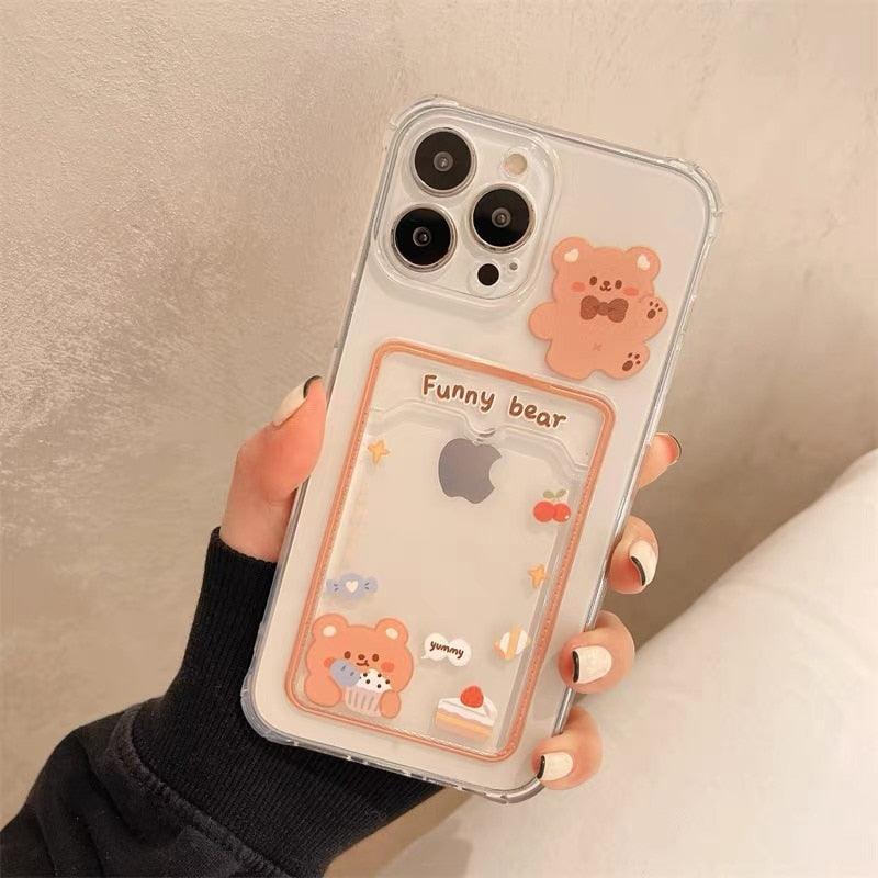 Étui de téléphone transparent en forme de lapin et d'ours de dessin animé mignon pour iPhone 13 Pro Max 12 11 XS XR 7 8 14 Plus, portefeuille porte-cartes, coque souple antichoc motif floral de dessin animé pour femmes