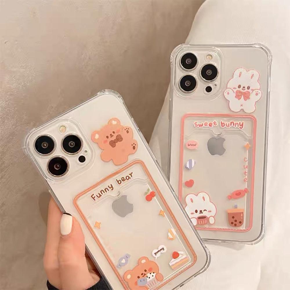 Étui de téléphone transparent en forme de lapin et d'ours de dessin animé mignon pour iPhone 13 Pro Max 12 11 XS XR 7 8 14 Plus, portefeuille porte-cartes, coque souple antichoc motif floral de dessin animé pour femmes
