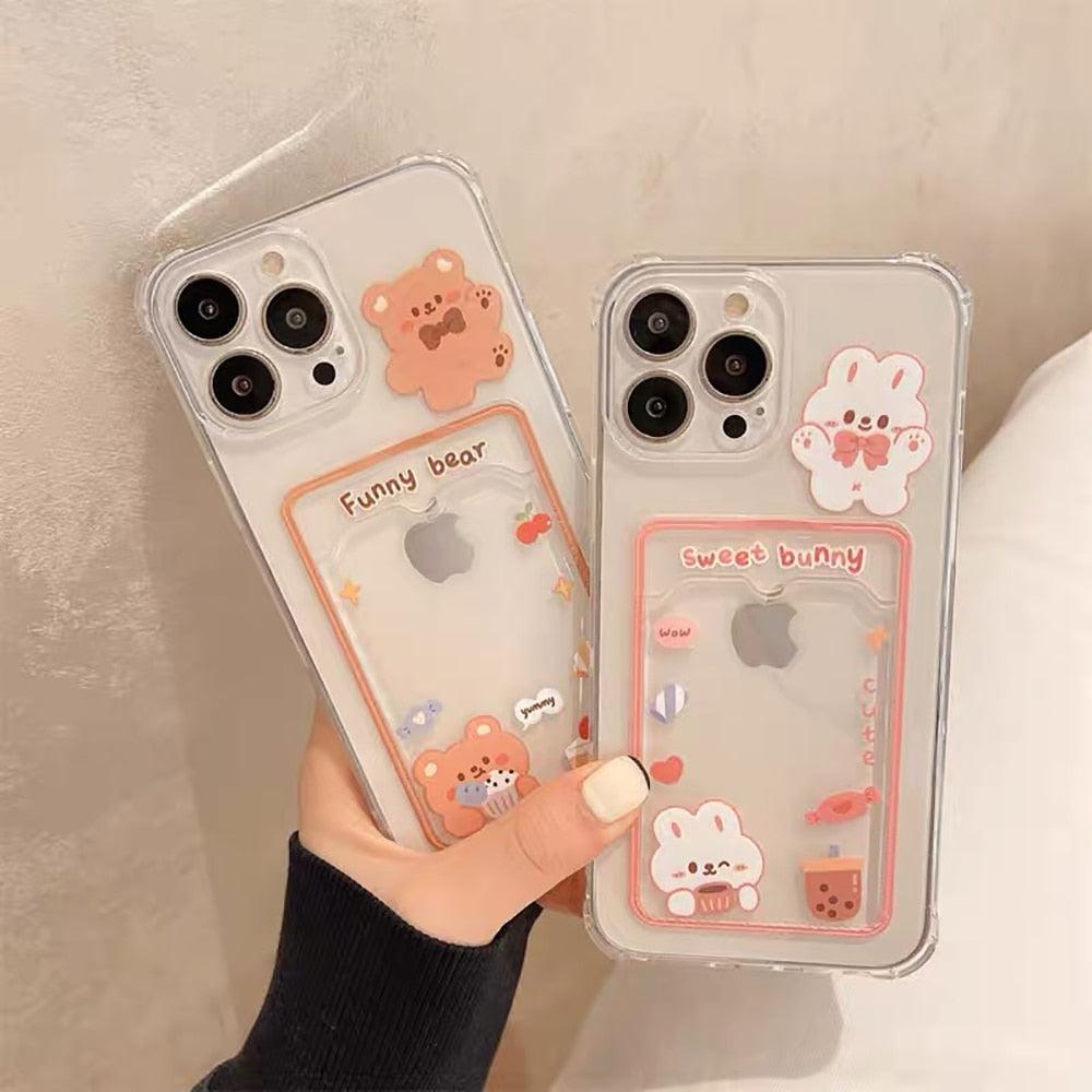 Étui de téléphone transparent en forme de lapin et d'ours de dessin animé mignon pour iPhone 13 Pro Max 12 11 XS XR 7 8 14 Plus, portefeuille porte-cartes, coque souple antichoc motif floral de dessin animé pour femmes