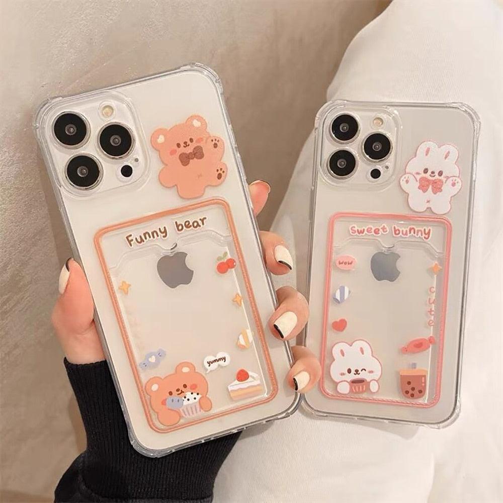 Étui de téléphone transparent en forme de lapin et d'ours de dessin animé mignon pour iPhone 13 Pro Max 12 11 XS XR 7 8 14 Plus, portefeuille porte-cartes, coque souple antichoc motif floral de dessin animé pour femmes