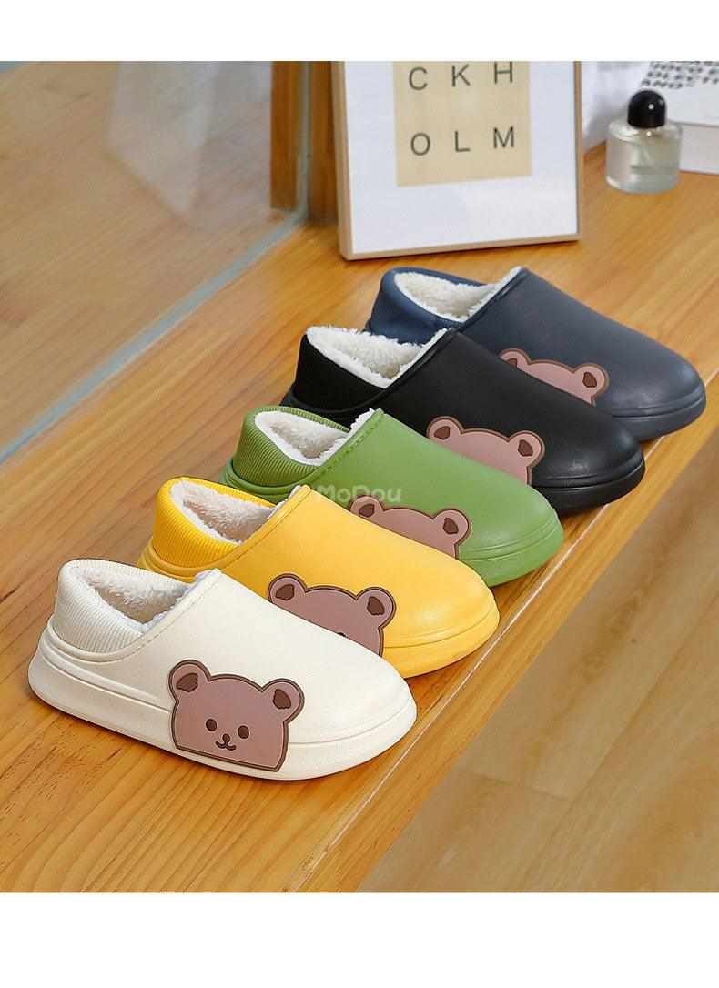 Chaussons Mignons Ours Latéral Imperméables en Coton pour Femmes Hiver Chaud Intérieur Extérieur Talon Enveloppé Chaussons Confort EVA Mousse à Mémoire de Forme Chaussons Imperméables Antidérapants Chaussons Chauds Lavables en Coton Mocassins
