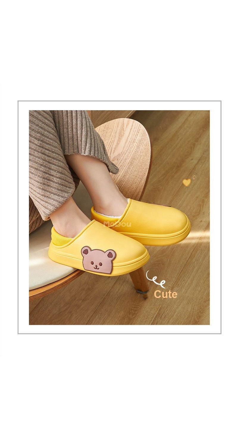 Chaussons Mignons Ours Latéral Imperméables en Coton pour Femmes Hiver Chaud Intérieur Extérieur Talon Enveloppé Chaussons Confort EVA Mousse à Mémoire de Forme Chaussons Imperméables Antidérapants Chaussons Chauds Lavables en Coton Mocassins
