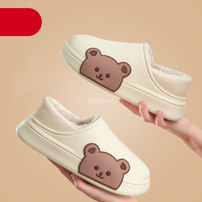 Chaussons Mignons Ours Latéral Imperméables en Coton pour Femmes Hiver Chaud Intérieur Extérieur Talon Enveloppé Chaussons Confort EVA Mousse à Mémoire de Forme Chaussons Imperméables Antidérapants Chaussons Chauds Lavables en Coton Mocassins