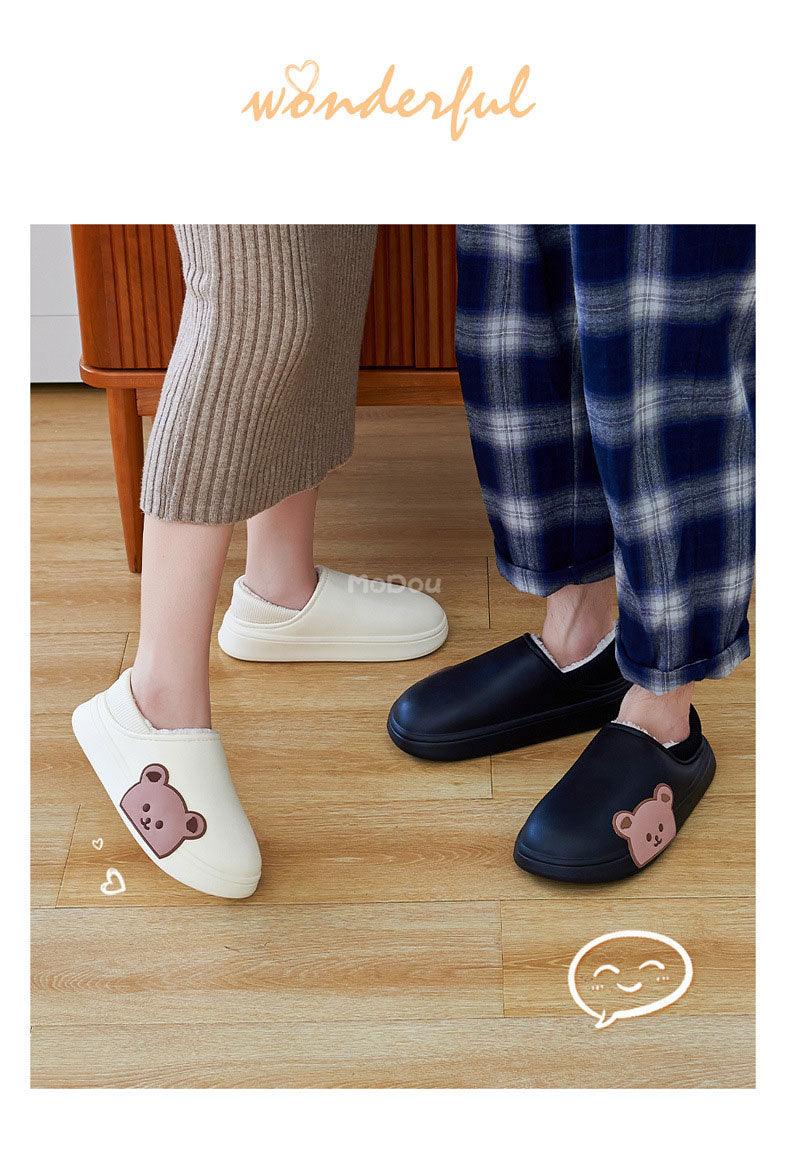 Chaussons Mignons Ours Latéral Imperméables en Coton pour Femmes Hiver Chaud Intérieur Extérieur Talon Enveloppé Chaussons Confort EVA Mousse à Mémoire de Forme Chaussons Imperméables Antidérapants Chaussons Chauds Lavables en Coton Mocassins