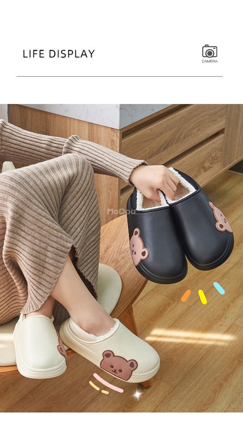 Chaussons Mignons Ours Latéral Imperméables en Coton pour Femmes Hiver Chaud Intérieur Extérieur Talon Enveloppé Chaussons Confort EVA Mousse à Mémoire de Forme Chaussons Imperméables Antidérapants Chaussons Chauds Lavables en Coton Mocassins