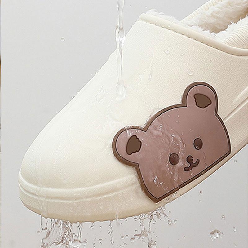 Chaussons Mignons Ours Latéral Imperméables en Coton pour Femmes Hiver Chaud Intérieur Extérieur Talon Enveloppé Chaussons Confort EVA Mousse à Mémoire de Forme Chaussons Imperméables Antidérapants Chaussons Chauds Lavables en Coton Mocassins