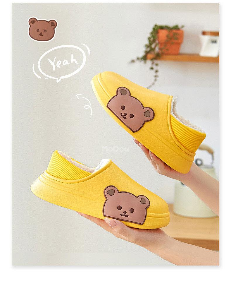 Chaussons Mignons Ours Latéral Imperméables en Coton pour Femmes Hiver Chaud Intérieur Extérieur Talon Enveloppé Chaussons Confort EVA Mousse à Mémoire de Forme Chaussons Imperméables Antidérapants Chaussons Chauds Lavables en Coton Mocassins