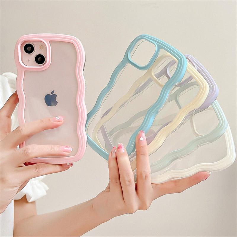 Coque de téléphone transparente mignonne à ondulations pour iPhone 14Pro 13 12 11 Pro Max X XR XS Max, couleur bonbon, antichoc, coque rigide transparente, antichoc, populaire, ondulée et élégante