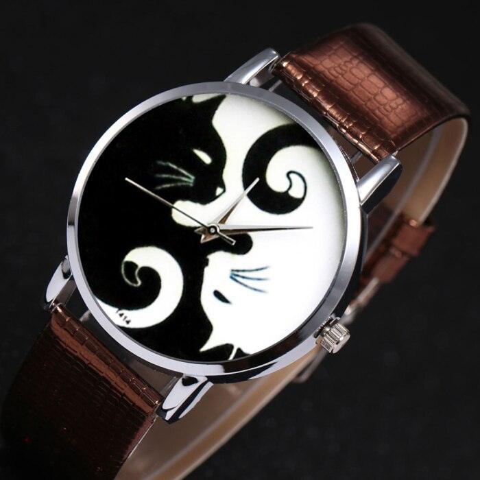 Montres couple mignonnes chats noirs et blancs avec bracelet en cuir PU et cadran rond à quartz pour femmes, cadran de chat avec bracelet en maille d'acier inoxydable, bracelet en cuir véritable, confortable montre-bracelet pour dames