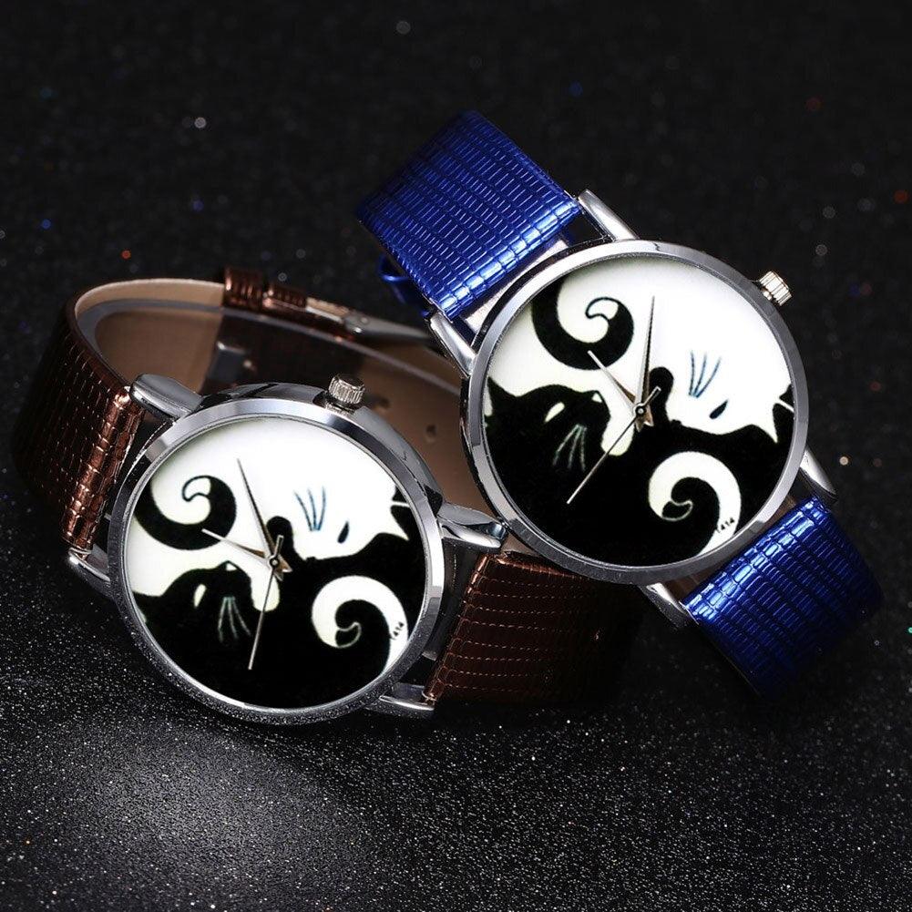 Montres couple mignonnes chats noirs et blancs avec bracelet en cuir PU et cadran rond à quartz pour femmes, cadran de chat avec bracelet en maille d'acier inoxydable, bracelet en cuir véritable, confortable montre-bracelet pour dames