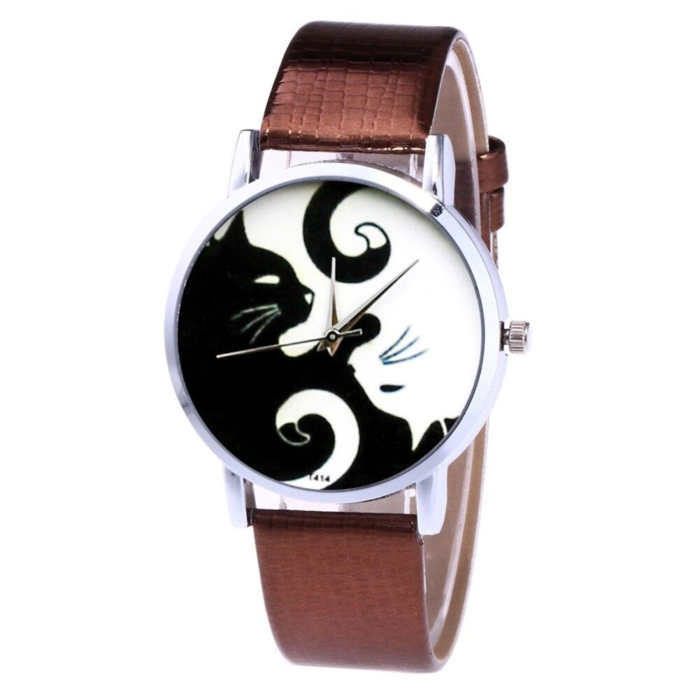 Montres couple mignonnes chats noirs et blancs avec bracelet en cuir PU et cadran rond à quartz pour femmes, cadran de chat avec bracelet en maille d'acier inoxydable, bracelet en cuir véritable, confortable montre-bracelet pour dames