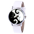 Montres couple mignonnes chats noirs et blancs avec bracelet en cuir PU et cadran rond à quartz pour femmes, cadran de chat avec bracelet en maille d'acier inoxydable, bracelet en cuir véritable, confortable montre-bracelet pour dames