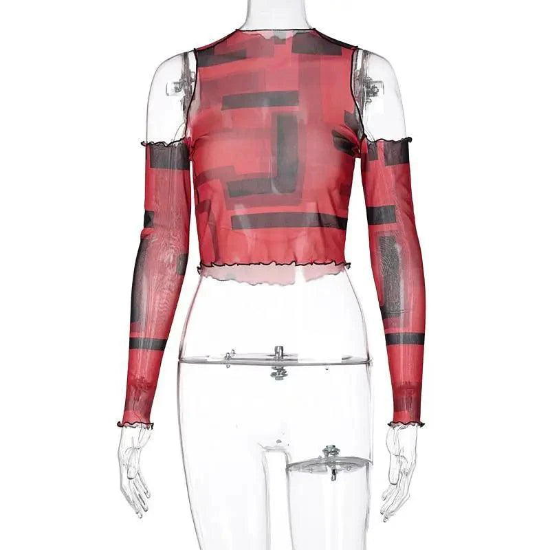 Hauts mignons pour femmes, épaules dénudées, imprimé maille, manches longues, haut court transparent, streetwear, tops d'été mignons