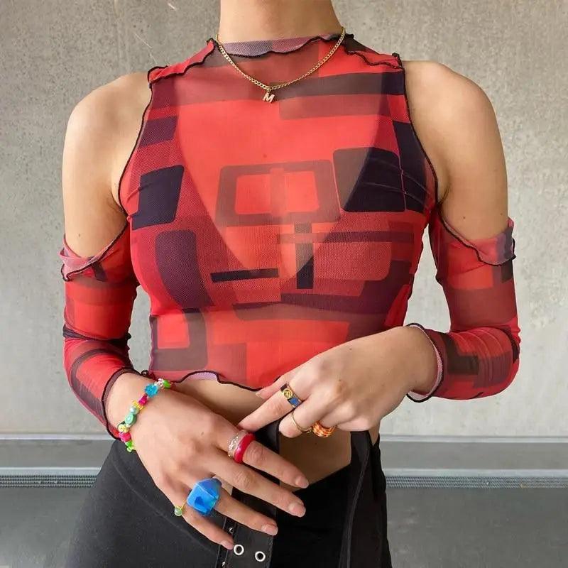 Hauts mignons pour femmes, épaules dénudées, imprimé maille, manches longues, haut court transparent, streetwear, tops d'été mignons