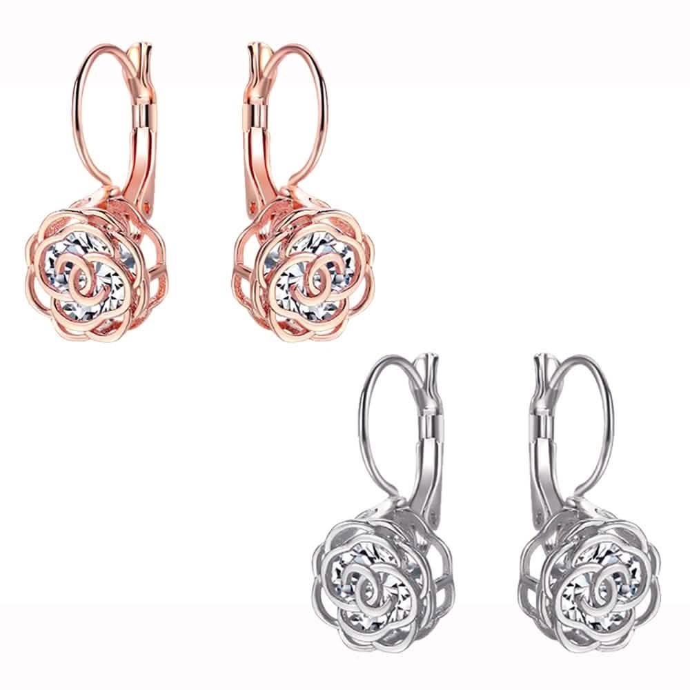 Boucles d'oreilles pendantes à levier en cristal et fleurs dorées