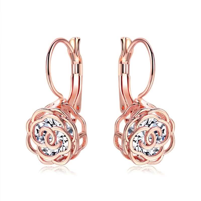 Boucles d'oreilles pendantes à levier en cristal et fleurs dorées