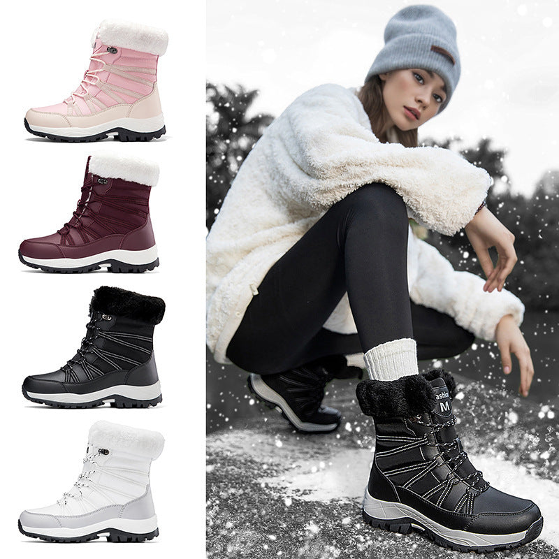 Bottes d'extérieur mi-hautes rembourrées en coton antidérapantes, plus épaisses, doublées polaire pour femmes