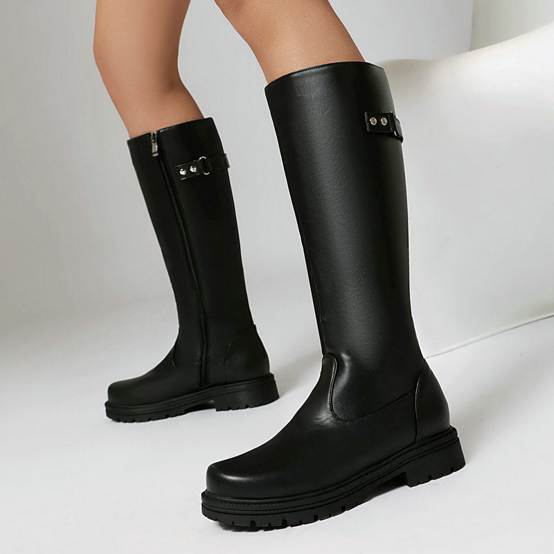 Bottes d'équitation rétro style britannique pour femmes – Bottes hautes à boucle de ceinture en cuir