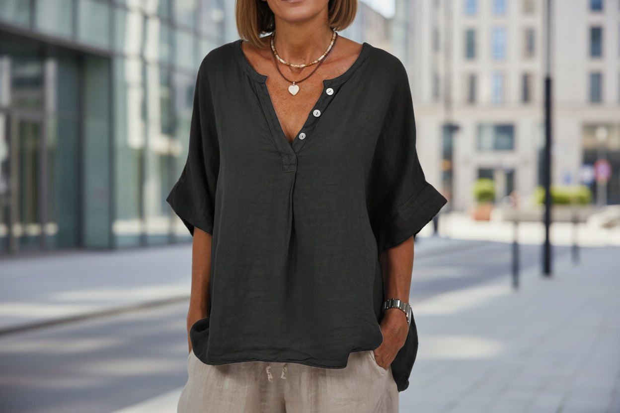 Chemise boutonnée en coton et lin à col en V pour femme