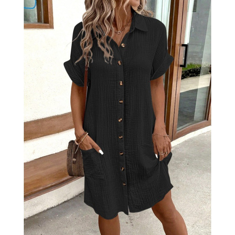 Robe Chemise Femme en Coton et Lin – Robe Évasée Col V Boutonnée sur le Devant