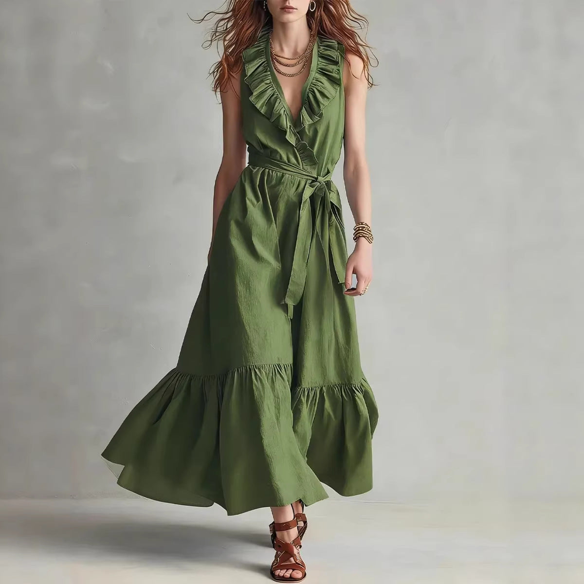 Robe longue sans manches évasée à col en V et laçage empiècements – Femme