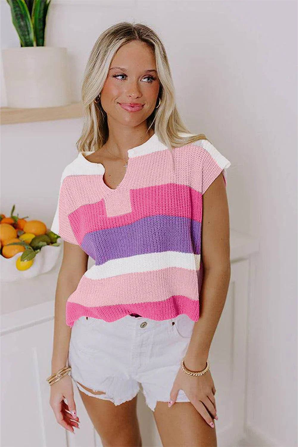 T-shirt en tricot color block multicolore à col en V entaillé