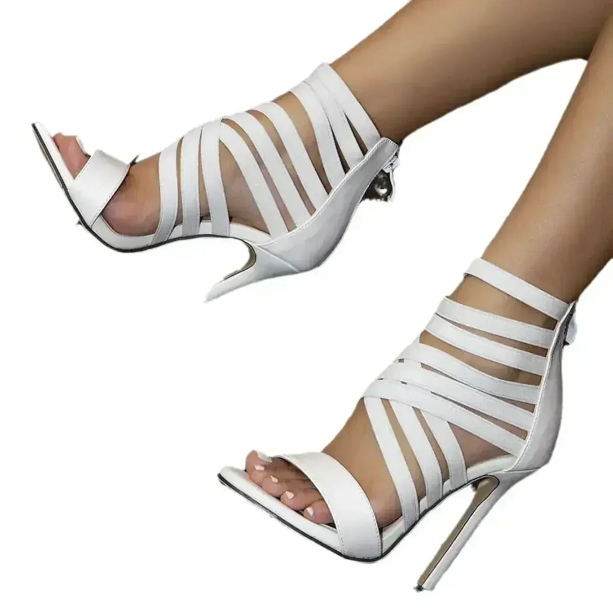 Talons romains blancs à lacets - Stilettos gladiateur - Chaussures de mariée déesse