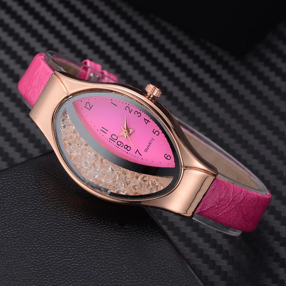 Montre de luxe Ellipse en PU à bracelet en cuir pour femmes, montre-bracelet à quartz sport en strass pour femmes et jeunes filles