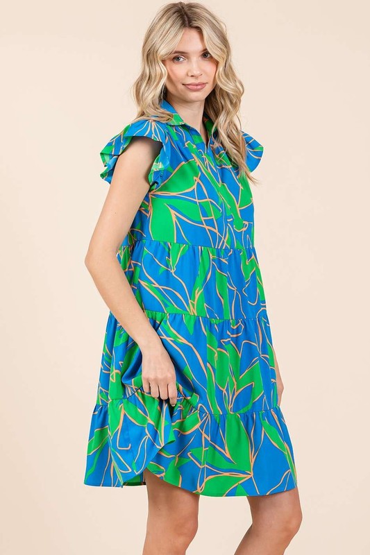 Nouvelle robe courte étagée à imprimé feuilles d'été et manches à volants – Motif feuilles frais et léger avec des manches à volants féminines