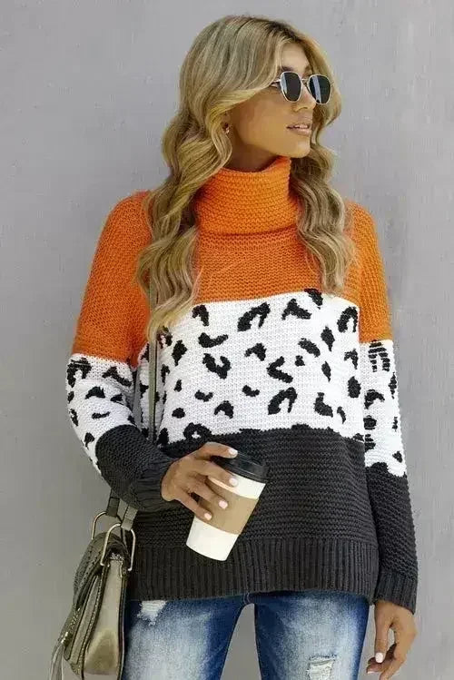 Pull en maille épaisse à col roulé color block orange