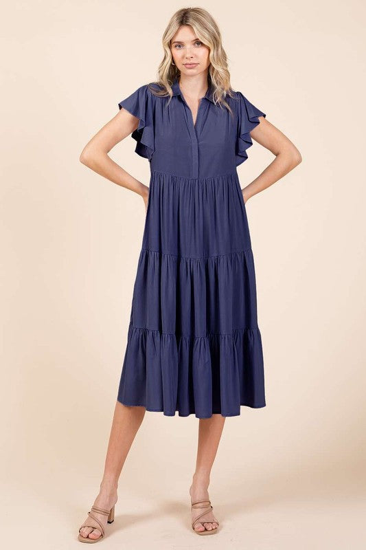 Robe midi à col en V, manches volantées et étages pour femme – Une robe midi vaporeuse, féminine et élégante avec des détails superposés pour toutes les occasions