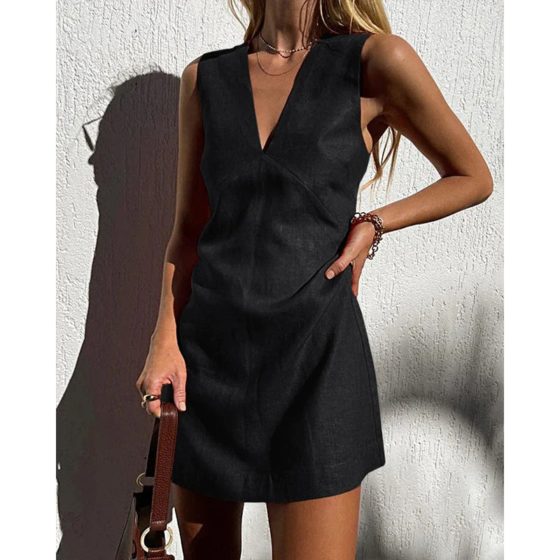 🌿 Robe Courte sans Manches en Coton et Lin à Col en V