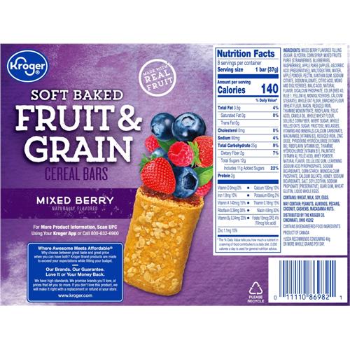 Barres de petit-déjeuner aux fruits et céréales, baies mélangées Kroger, 8 unités