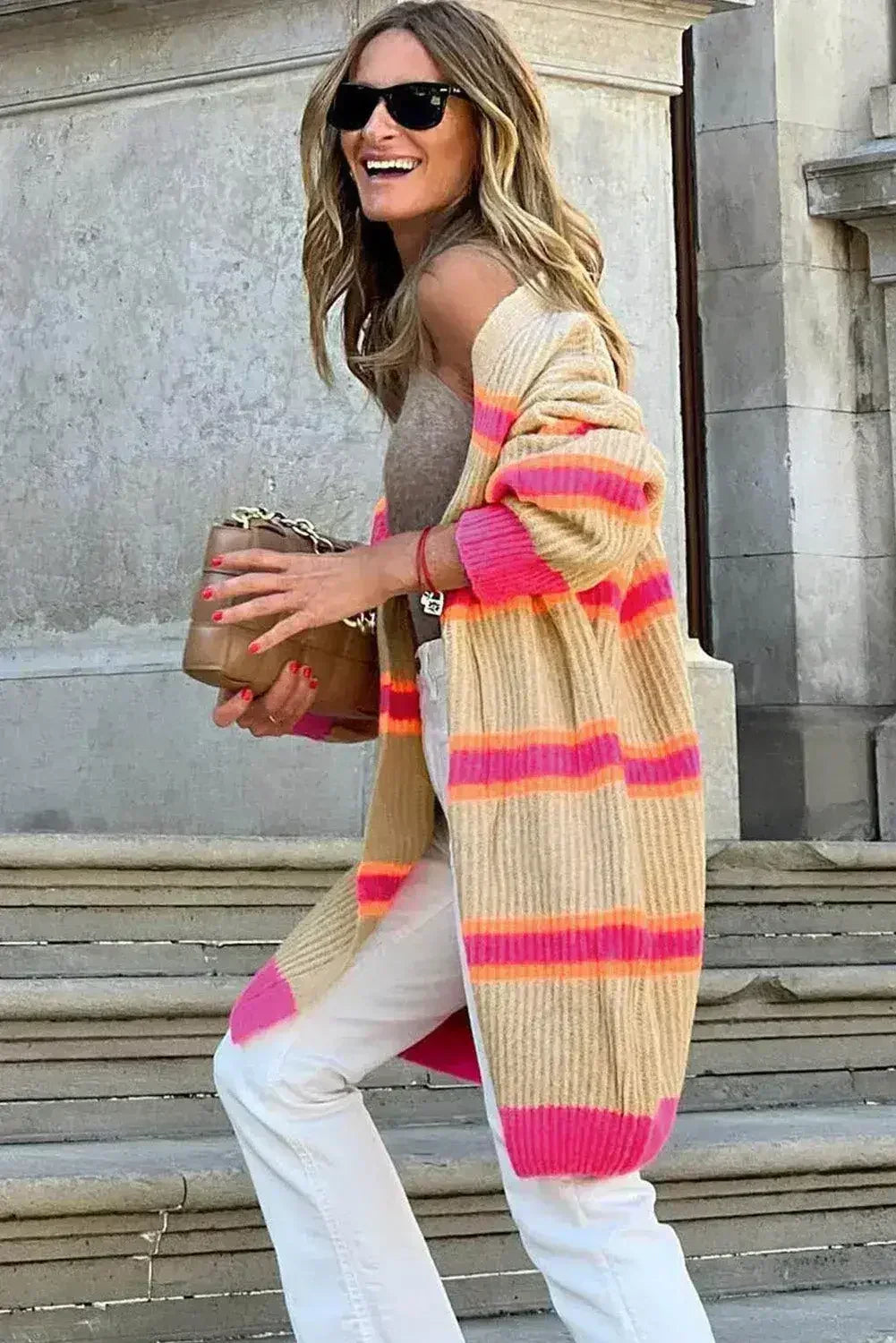 Gilet long en maille côtelée à rayures