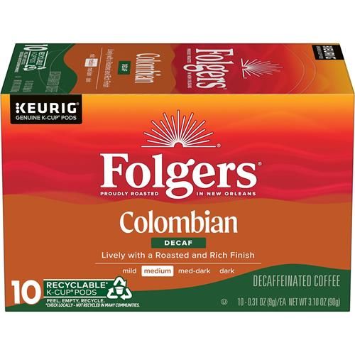 Café décaféiné Folgers Colombian, torréfaction moyenne, capsules Keurig K-Cup, boîte de 10 unités