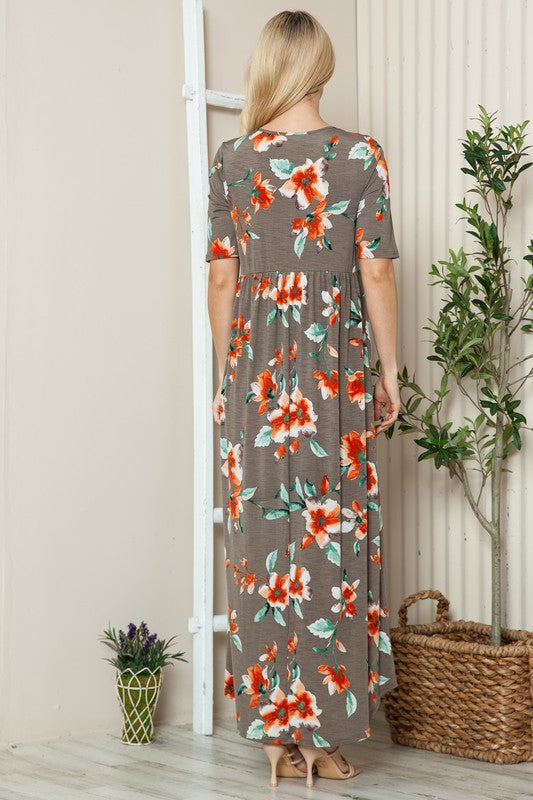 Robe longue T-shirt fleurie à col rond et manches courtes – Robe longue fleurie décontractée et confortable avec coupe ample et manches courtes