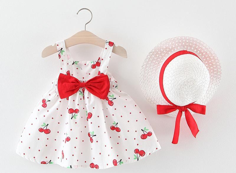 Vêtements d'été de luxe modernes pour bébé fille, Robes de princesse à pois cerise, Tenues avec chapeau à nœud pour filles