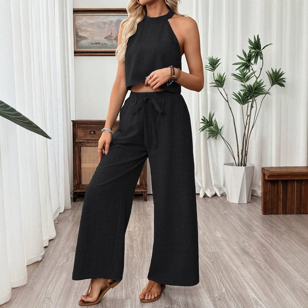 Ensemble deux pièces caraco court à col américain et pantalon large pour femme