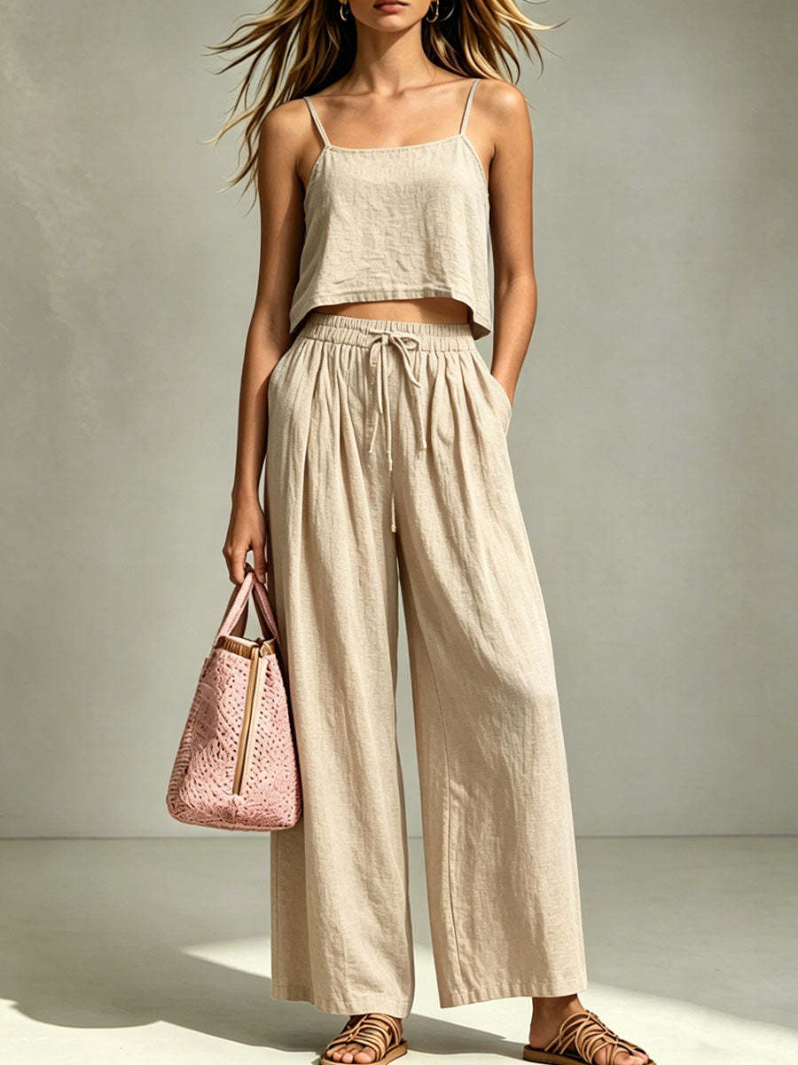 Ensemble deux pièces caraco et pantalon ample pour femme – Été décontracté